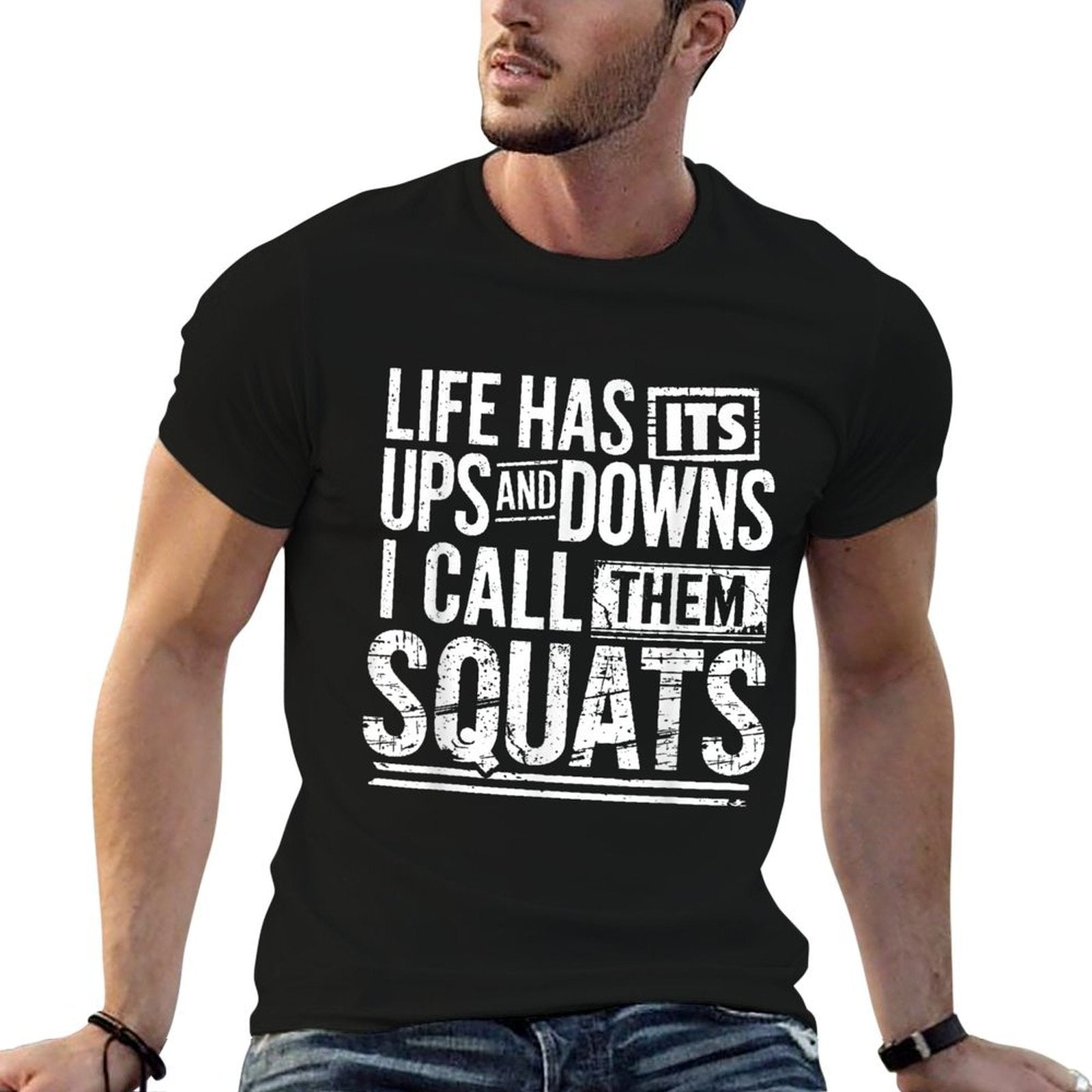 Funny Fitness Gym Workout Weights Squat Men Women  Rolled Sleeves T-Shirt