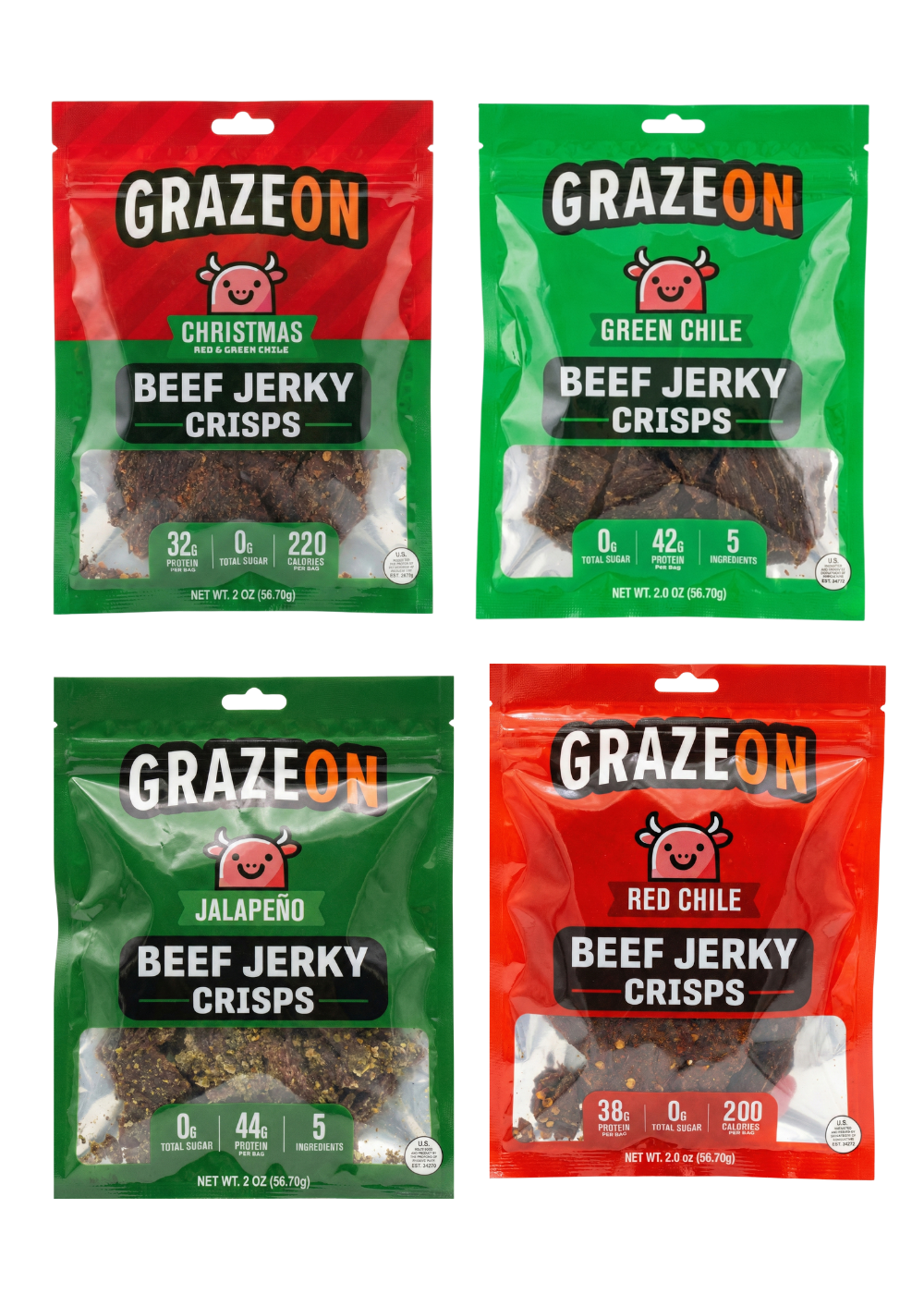 Try All - 7 Flavor Variety Pack of GrazeOn Beef Jerky Crisps- High Protein, No Sugar, Crunchy Air-Dried Meat Snack, All-Natural - 7 x 2.0 oz Bags
