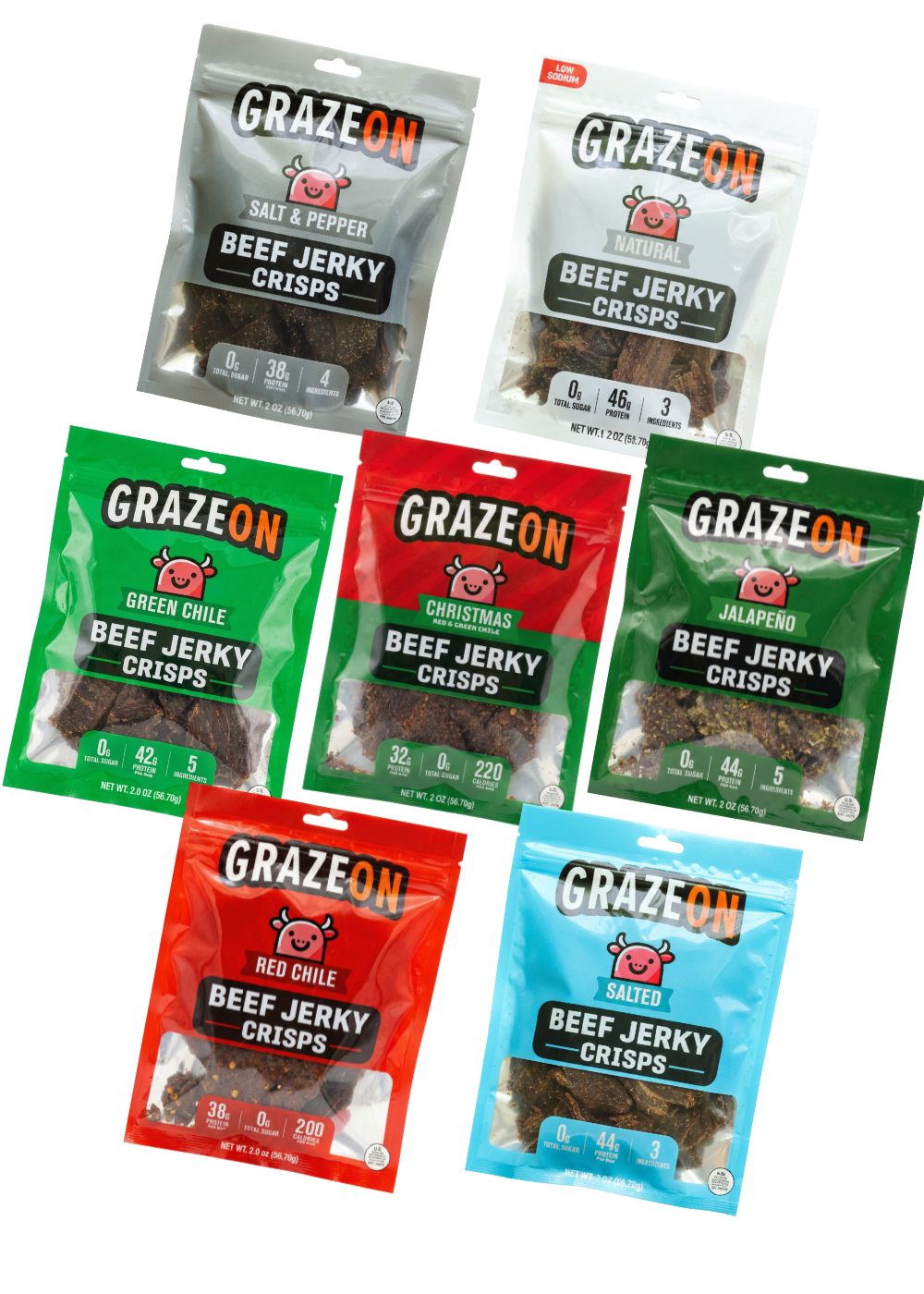 Try All - 7 Flavor Variety Pack of GrazeOn Beef Jerky Crisps- High Protein, No Sugar, Crunchy Air-Dried Meat Snack, All-Natural - 7 x 2.0 oz Bags
