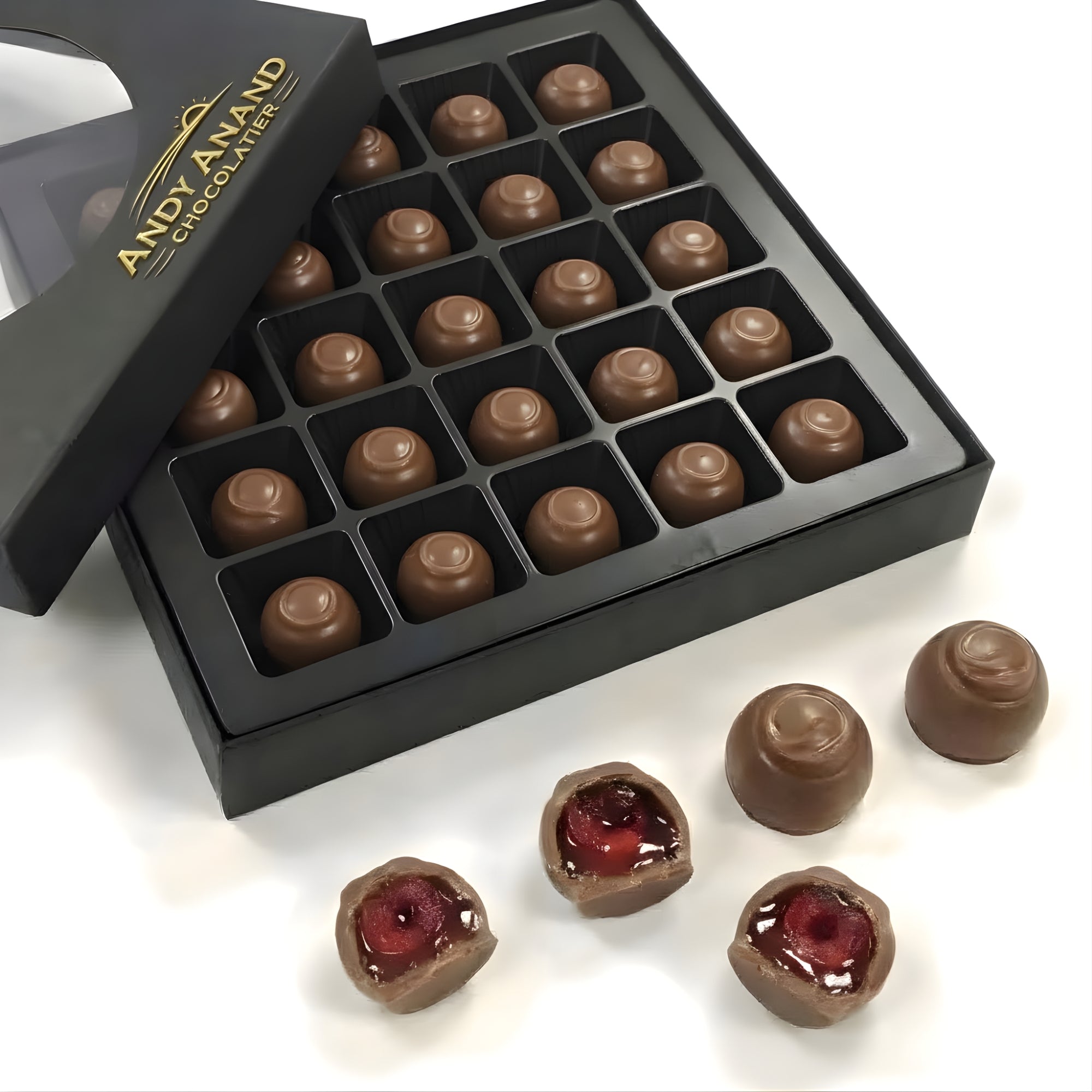 Andy Anand Sugar-Free Belgian Dark Chocolate Cherry Cordials Truffles, 25 pc – Plant-Based, Liquid Center, Diabetic-Friendly, Birthday Gift Box