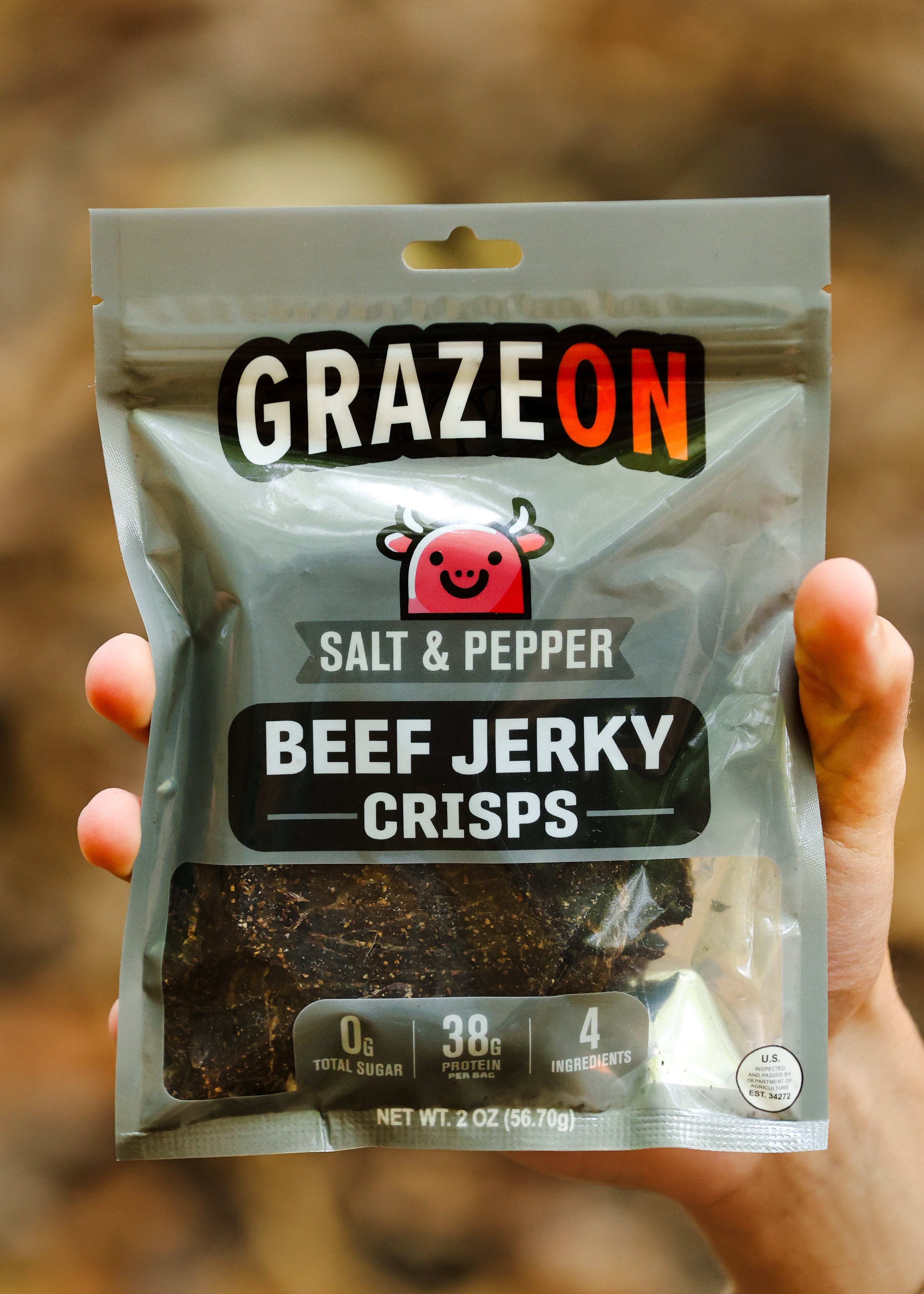 GrazeOn Salt and Pepper Beef Jerky Crisps- High Protein, No Sugar, Crunchy Air-Dried Meat Snack, All-Natural - 2.0 oz
