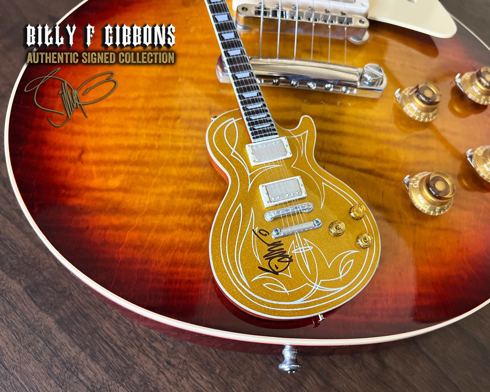 Billy F Gibbons AUTOGRAPHED "Pinstripe" Gibson Les Paul Goldtop Mini Guitar Model