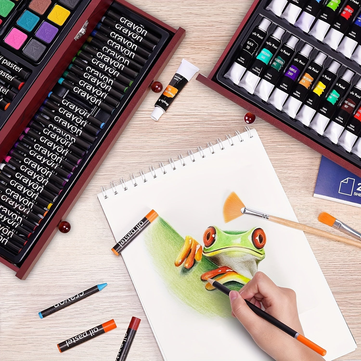 175-Piece Deluxe Art Set – Crayons, Colored Pencils & Acrylic Paints in Wooden Case