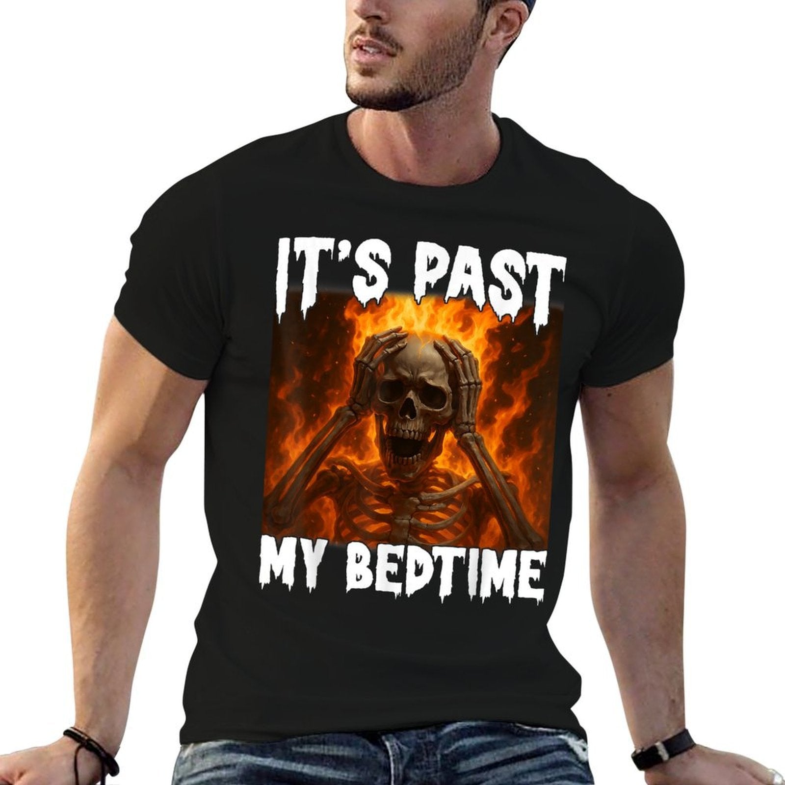Funny Skeleton Meme Flames Its Past My Bedtime Ironic Tired  Versatile T-Shirt