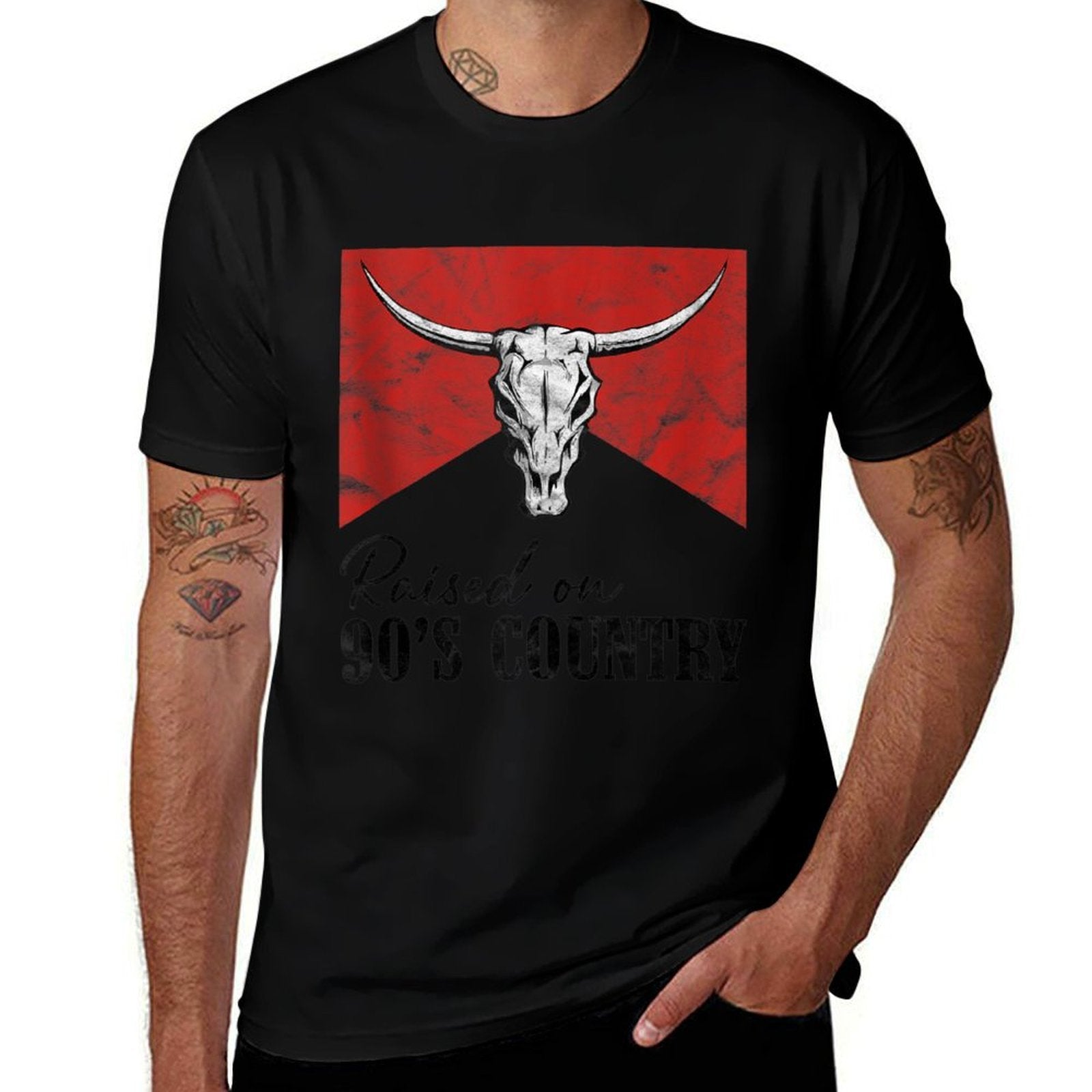 Vintage Western Bull Skull Raised On 90s Country Music  Lightweight T-Shirt