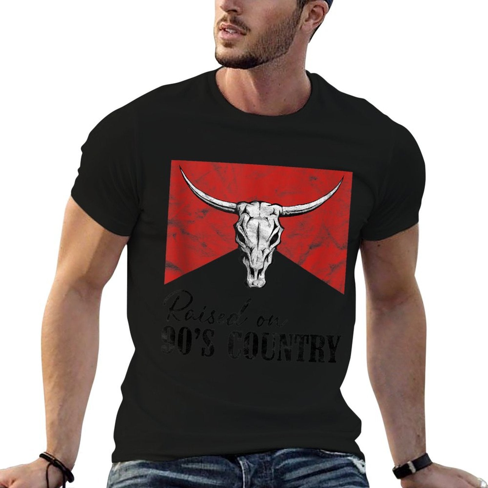 Vintage Western Bull Skull Raised On 90s Country Music  Lightweight T-Shirt