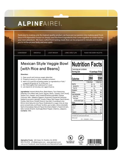 AlpineAire Mexican Style Veggie Bowl | Vegetarian & Gluten-Free Cook-in-Pouch Meal