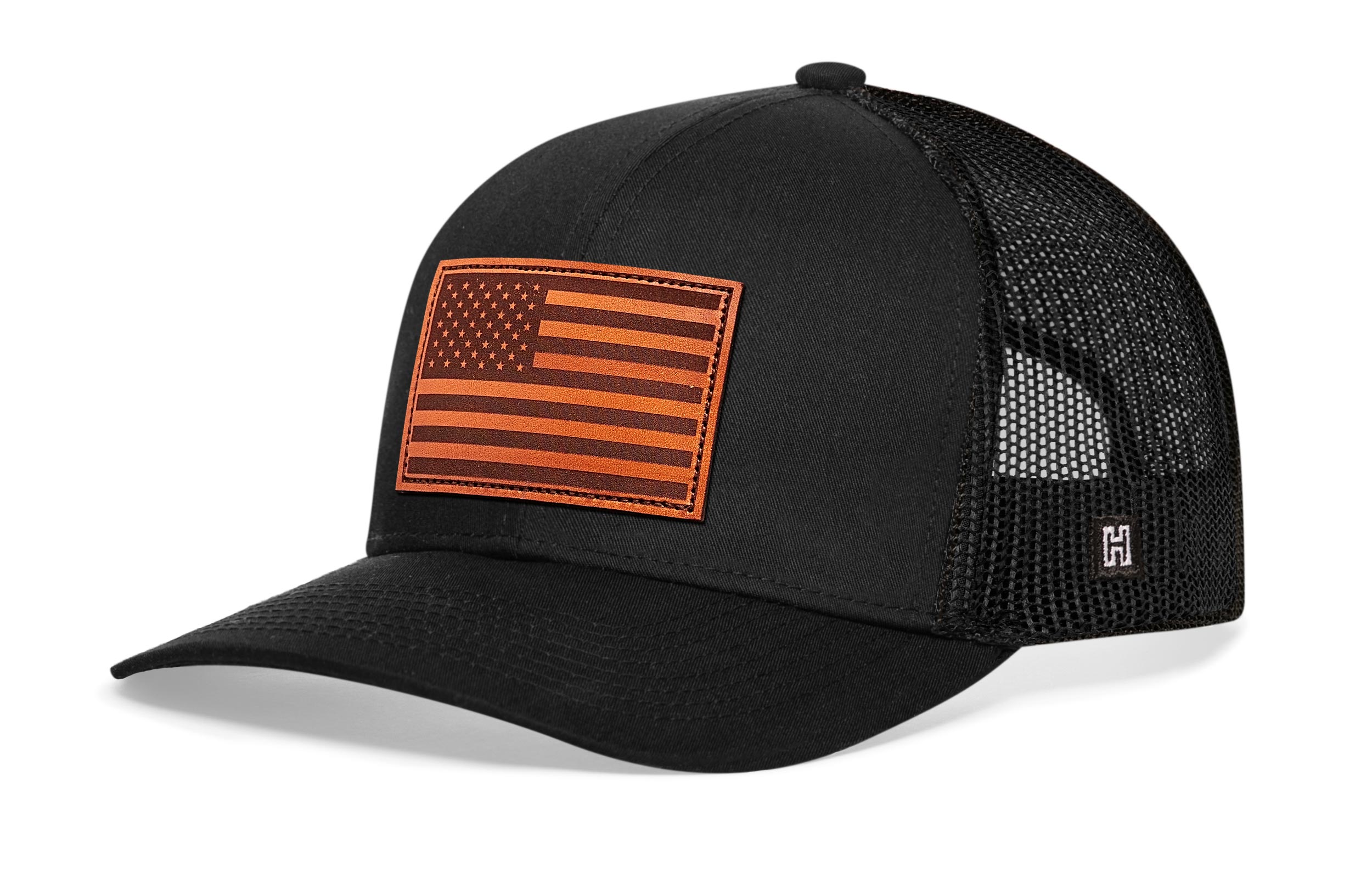American Flag Trucker Hat Leather  |  USA Snapback