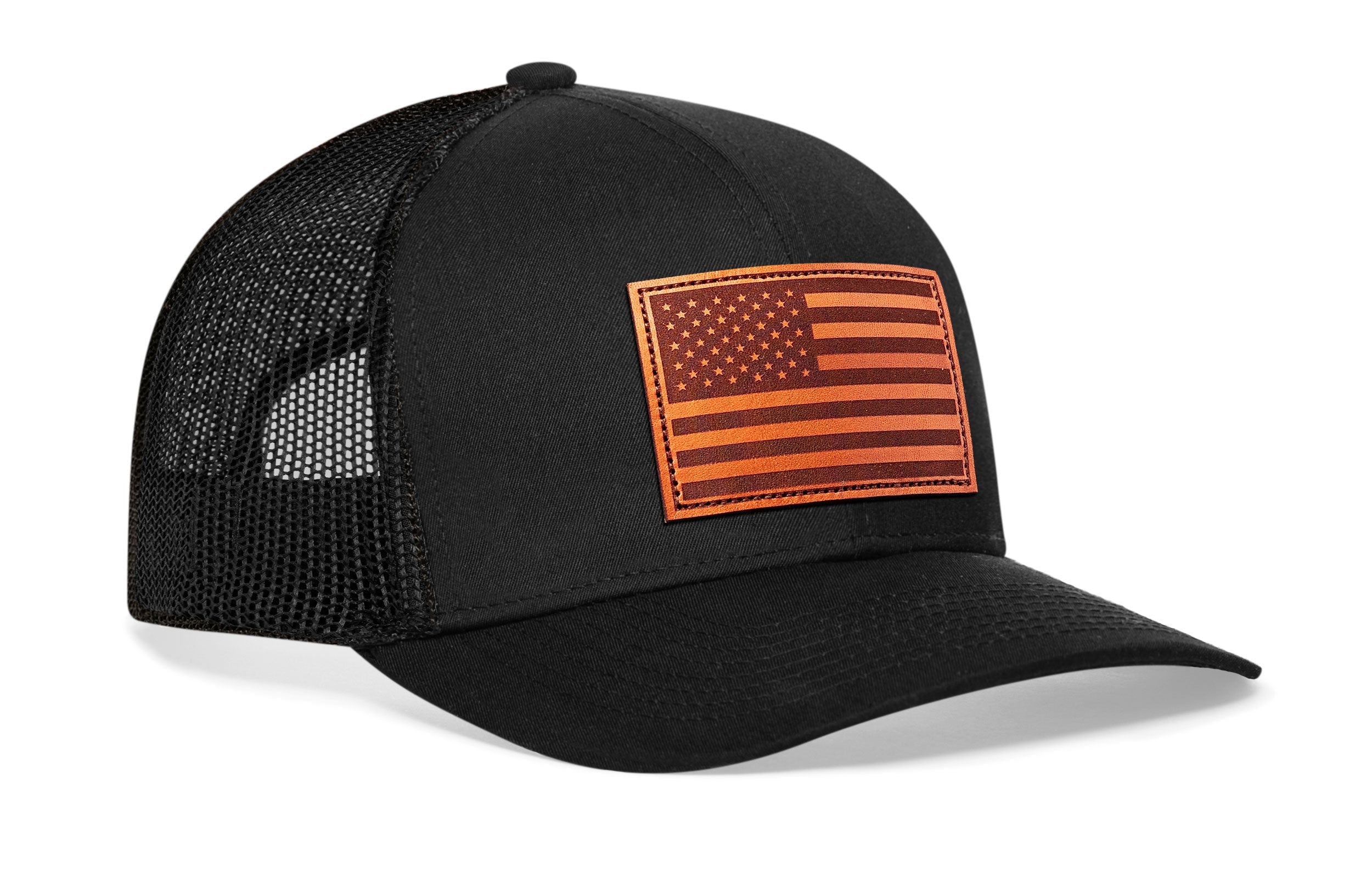 American Flag Trucker Hat Leather  |  USA Snapback