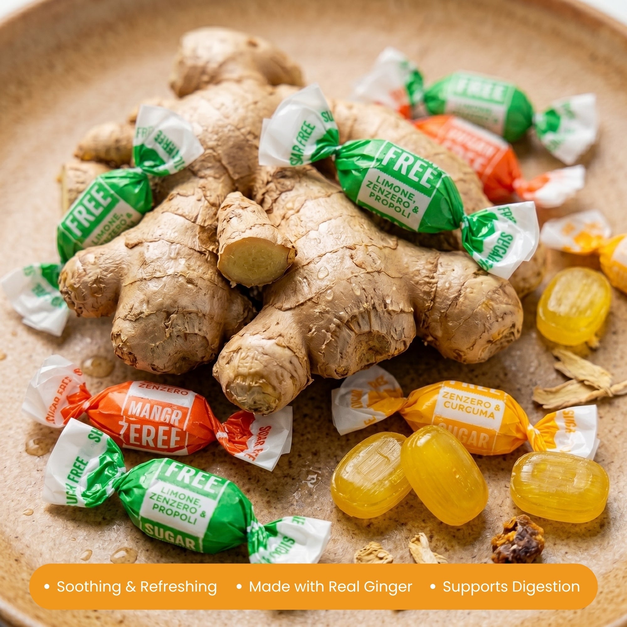 Andy Anand Sugar-Free Ginger Candy, 55 pc, 7 oz – Orange, Mango & Lemon Flavors, Made in Italy, Imported Keto & Diabetic-Friendly Gift Box