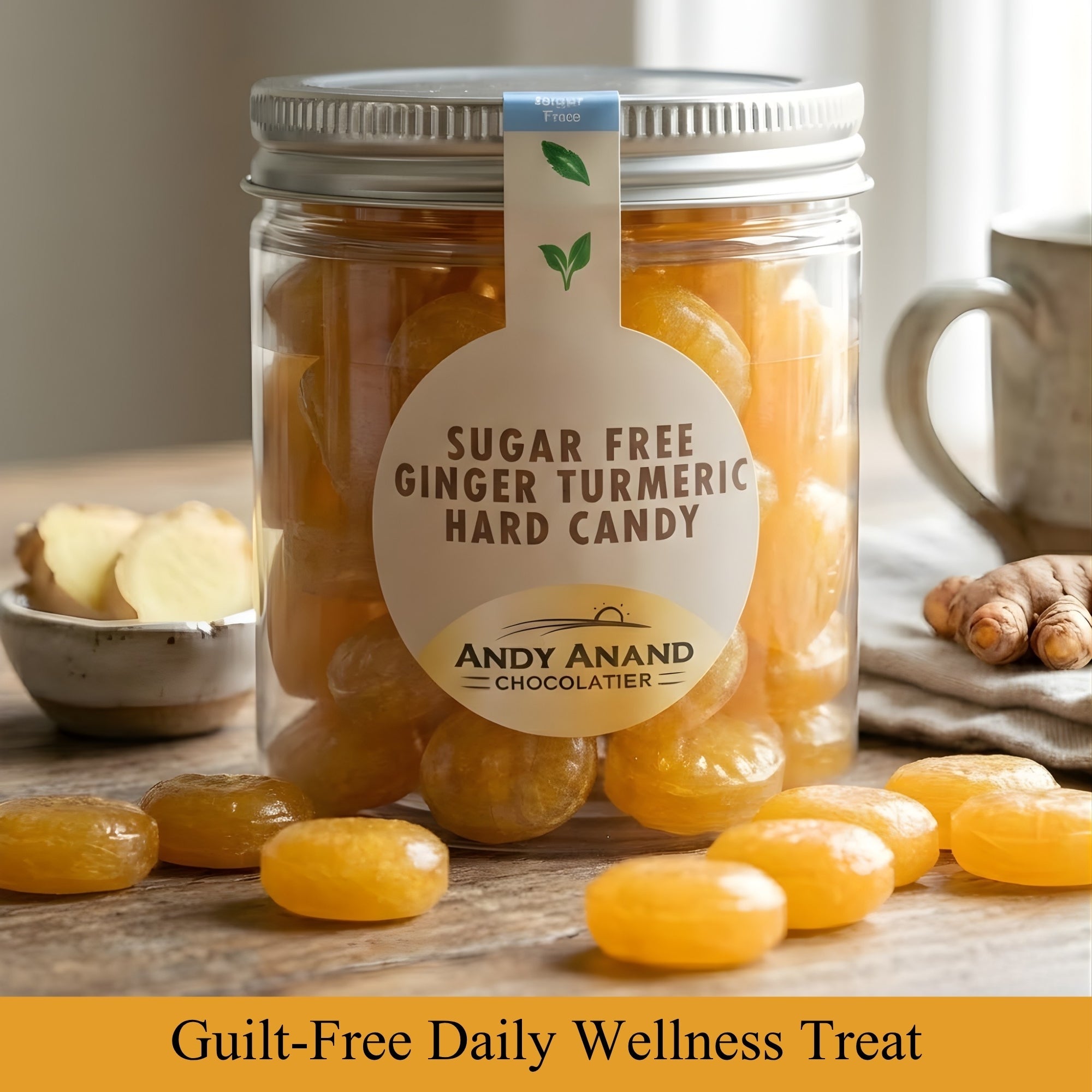 Andy Anand Sugar-Free European Ginger Turmeric Hard Candy, 50 pc, 7 oz – Vegan, Keto, Low-Calorie, Diabetic-Friendly Gourmet Gift Box