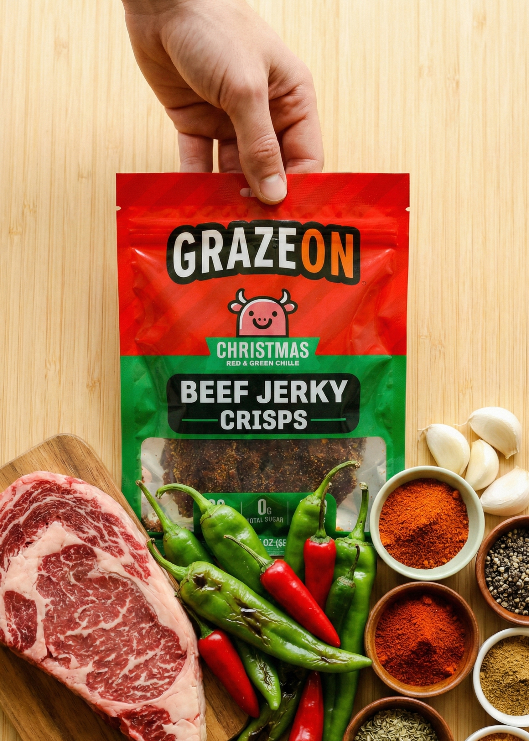 GrazeOn Christmas Beef Jerky Crisps- High Protein, No Sugar, Crunchy Air-Dried Meat Snack, All-Natural - 2.0 oz