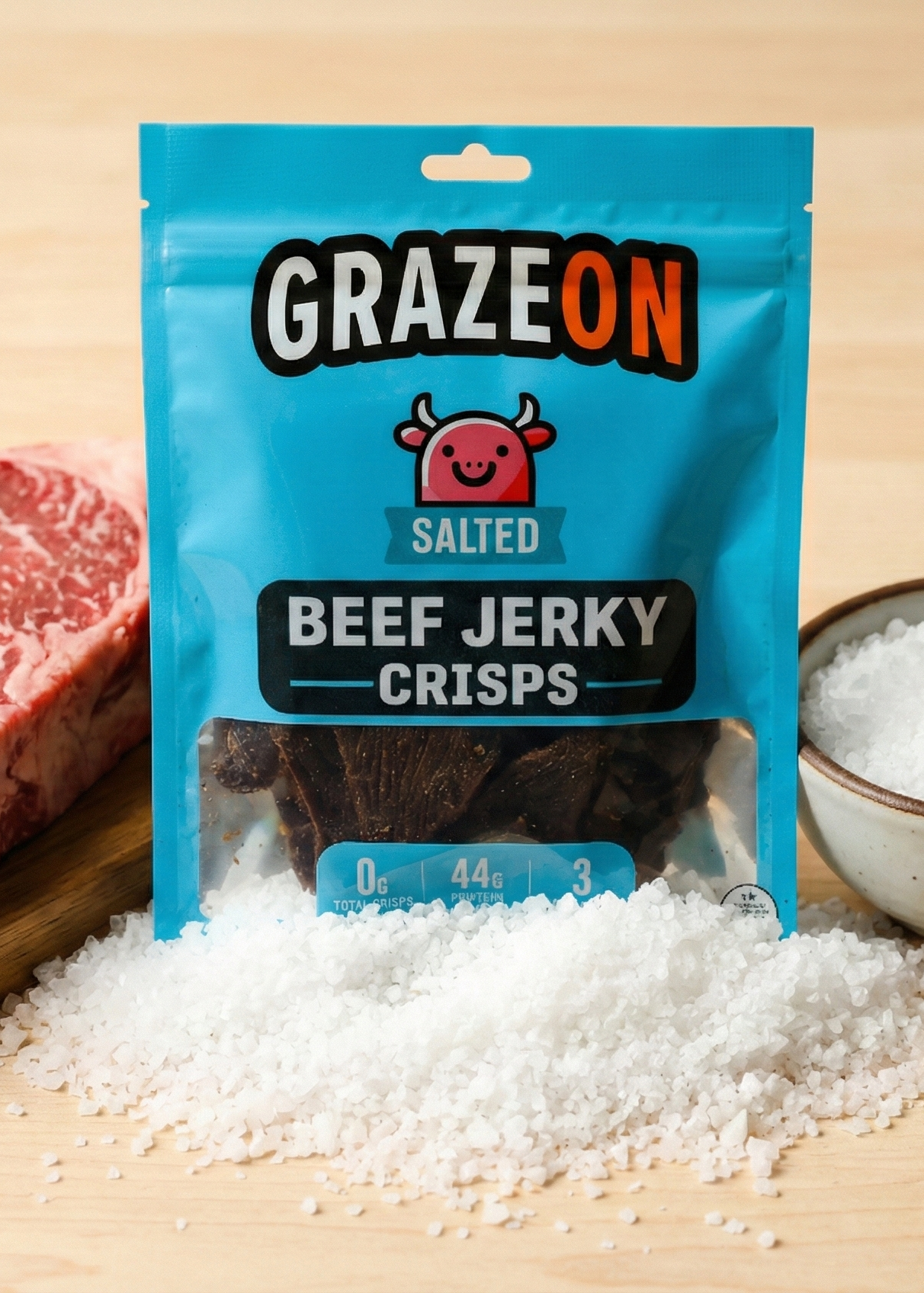 GrazeOn Salt Beef Jerky Crisps- High Protein, No Sugar, Crunchy Air-Dried Meat Snack, All-Natural - 2.0 oz