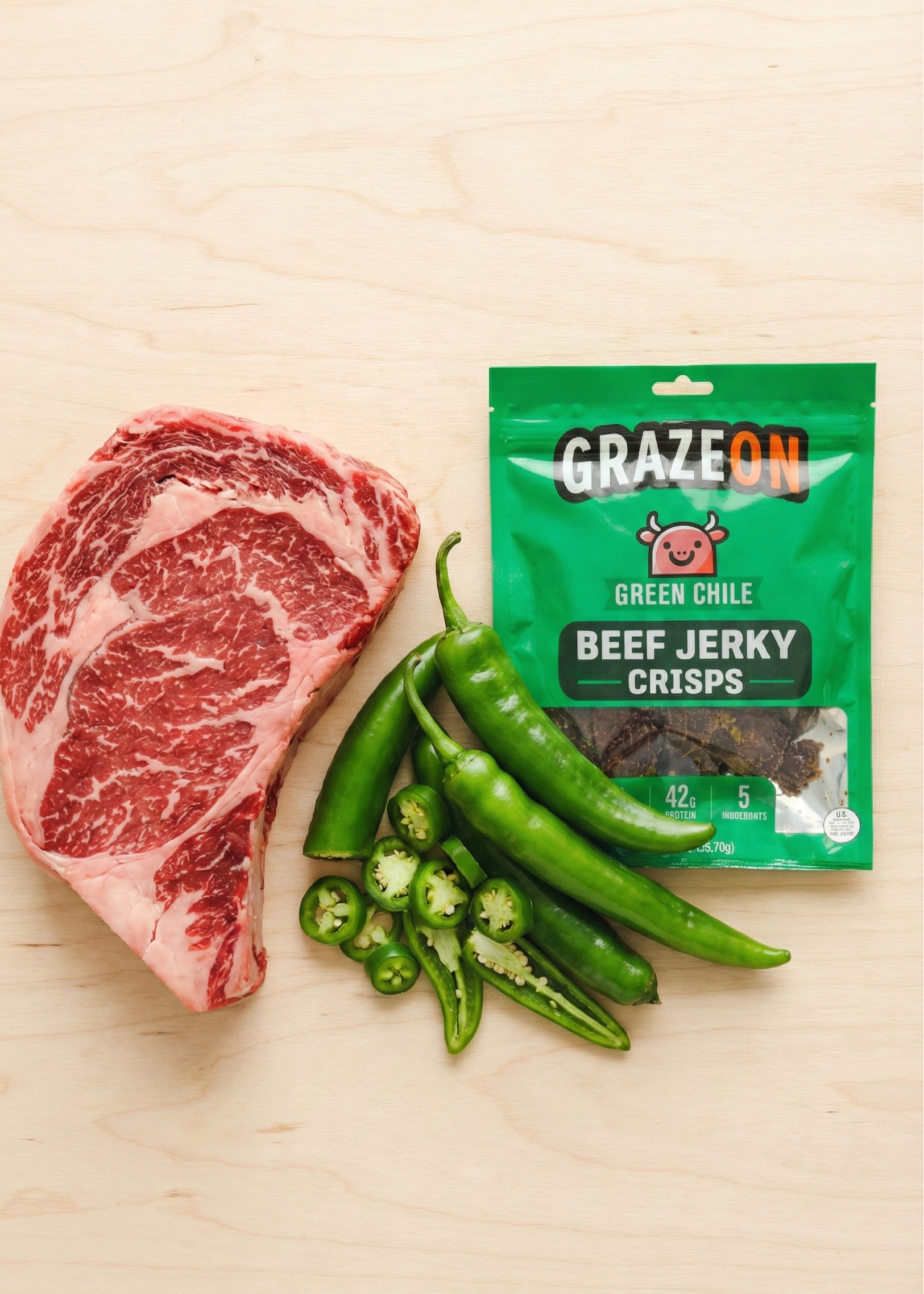 GrazeOn Green Chile Beef Jerky Crisps- High Protein, No Sugar, Crunchy Air-Dried Meat Snack, All-Natural - 2.0 oz