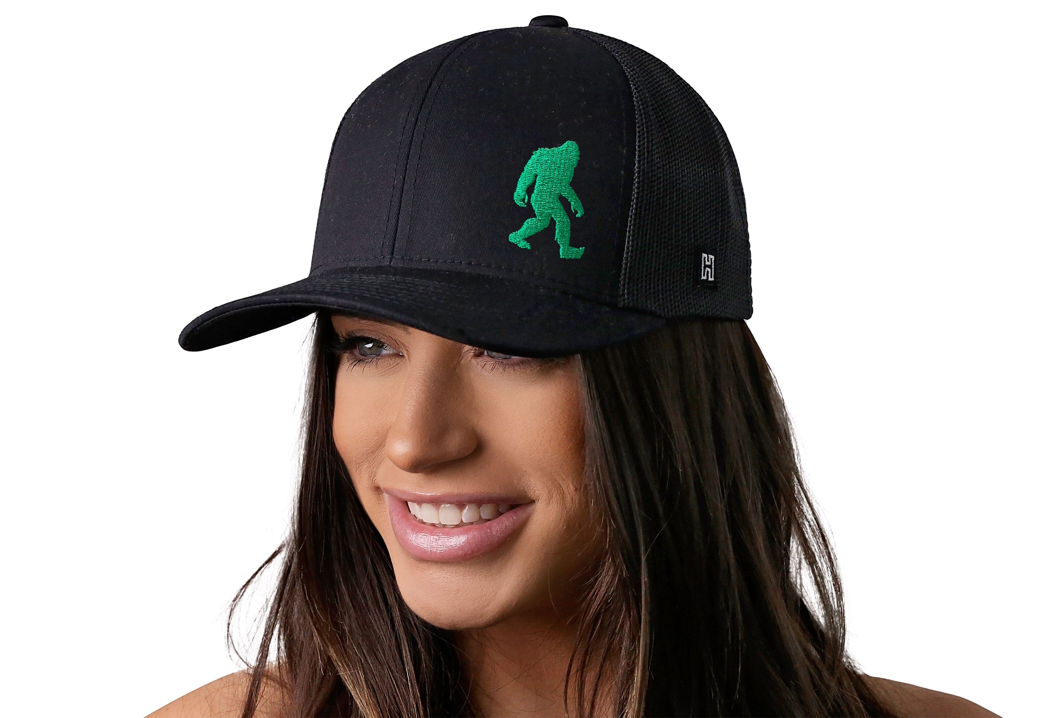Green Bigfoot Trucker Hat  |  Black Sasquatch Snapback