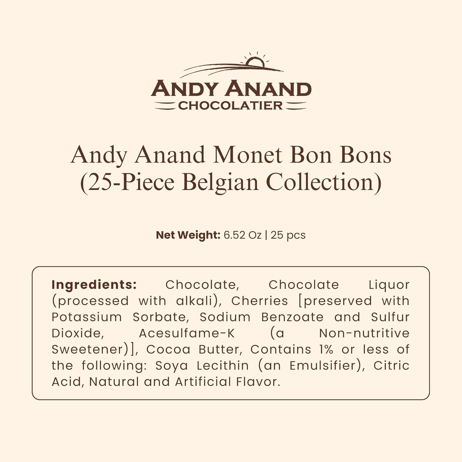 Andy Anand Monet Chocolate Bonbons Gift Box, 25 pc, 6.52 oz – Gluten-Free Belgian Truffles & Pralines, Birthday & Holiday Gift Collection