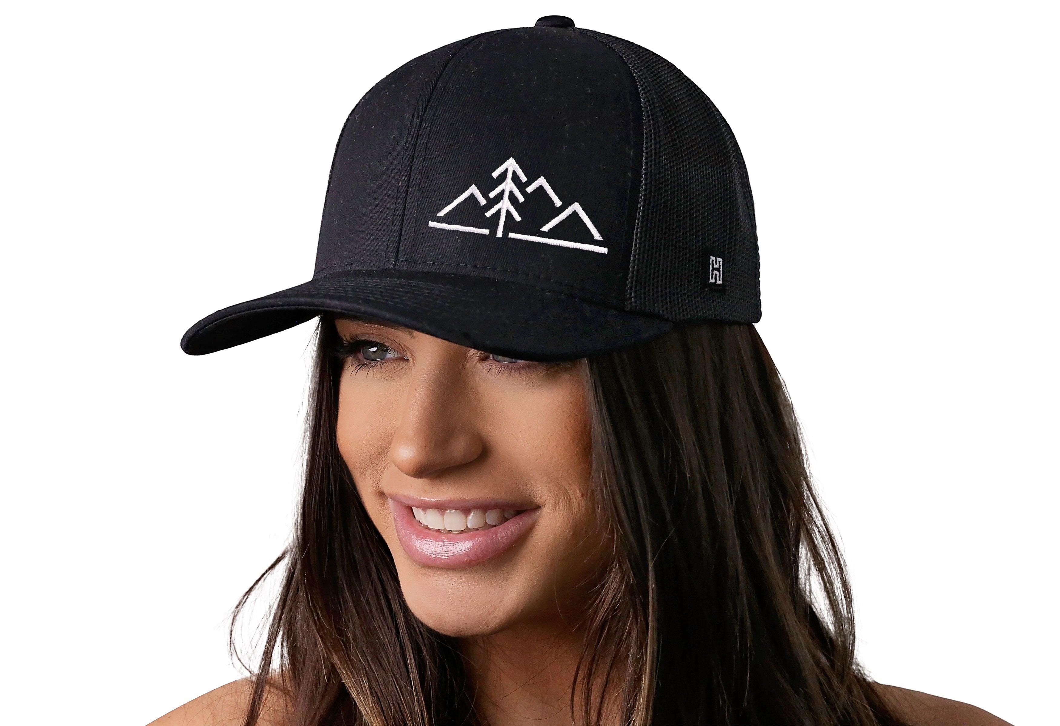 Mountains with Pine Tree Trucker Hat  |  Black Outdoors Snapback