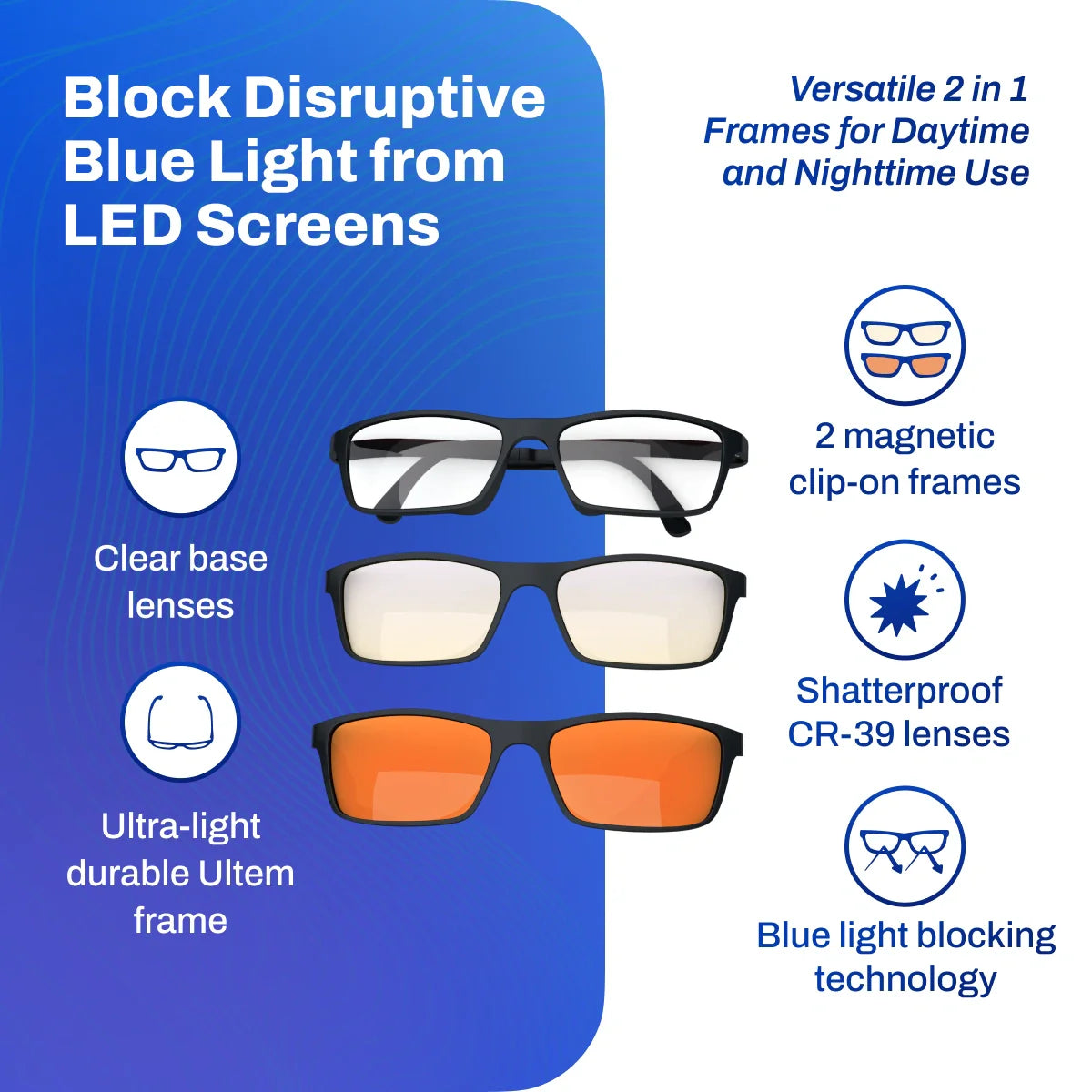 Versa Blue Light Blocking Glasses – with Interchangeable 50% and 99% Blocking Lenses