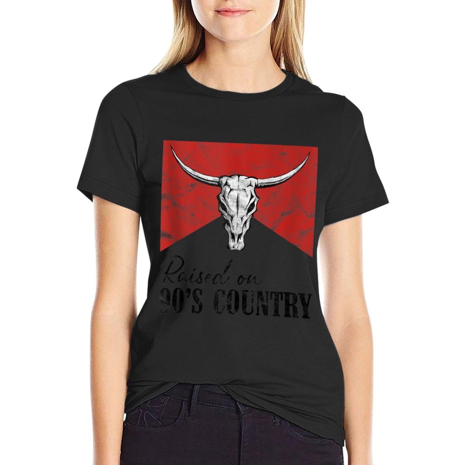 Vintage Western Bull Skull Raised On 90s Country Music  Lightweight T-Shirt