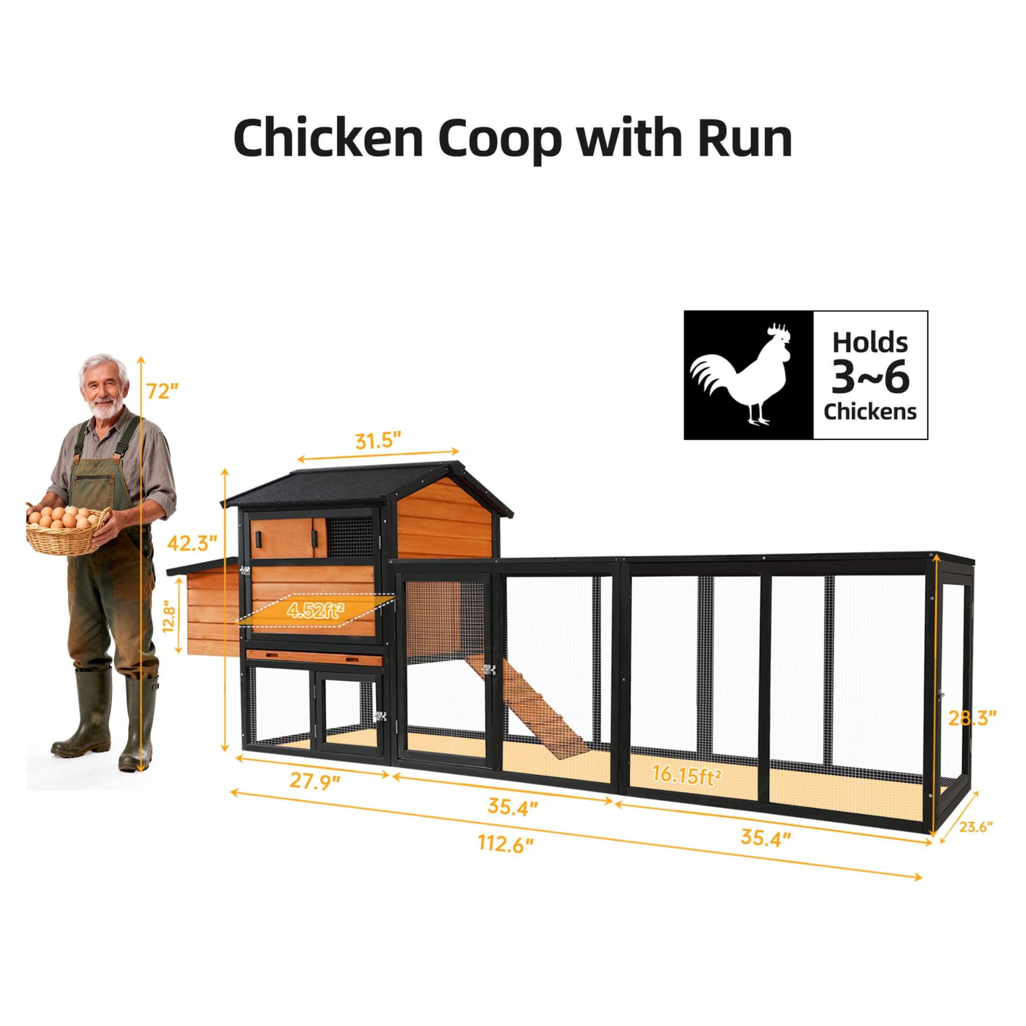 Large 114-Inch Outdoor Wooden Chicken Coop With Run And Nesting Box (SAK83516)