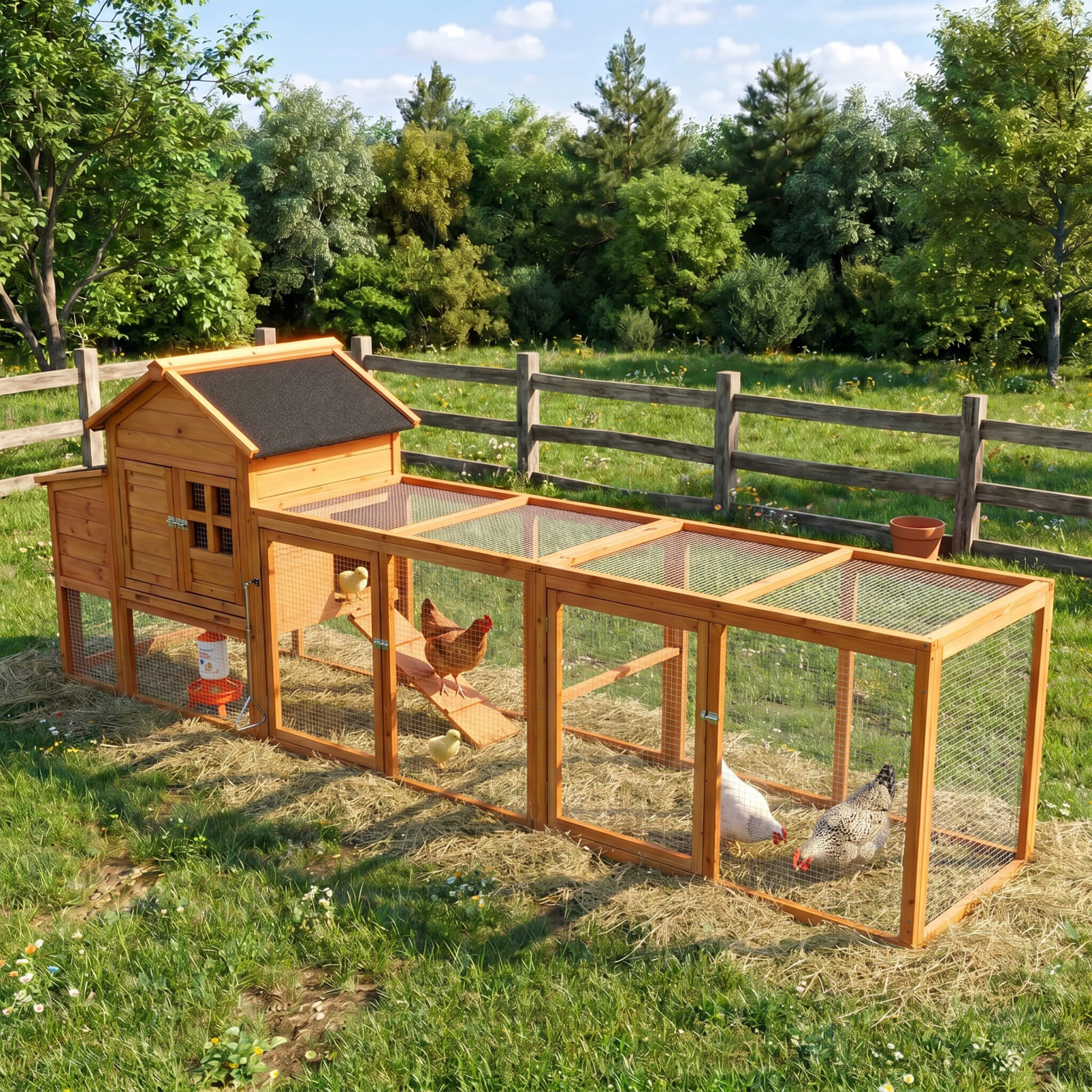 Large 122-Inch Chicken Coop With Run, Nest Box & Removable Tray For 4-6 Hens (SAK19542)