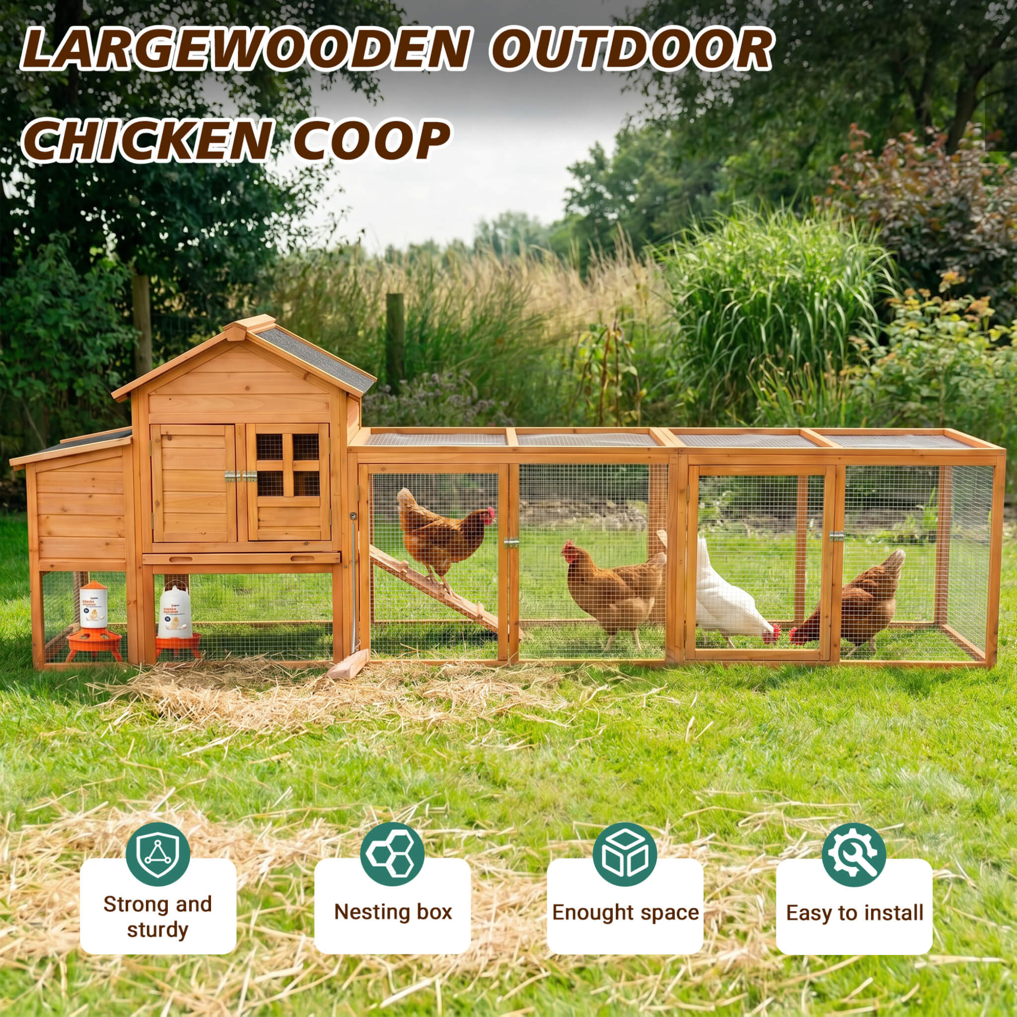 Large 122-Inch Chicken Coop With Run, Nest Box & Removable Tray For 4-6 Hens (SAK19542)