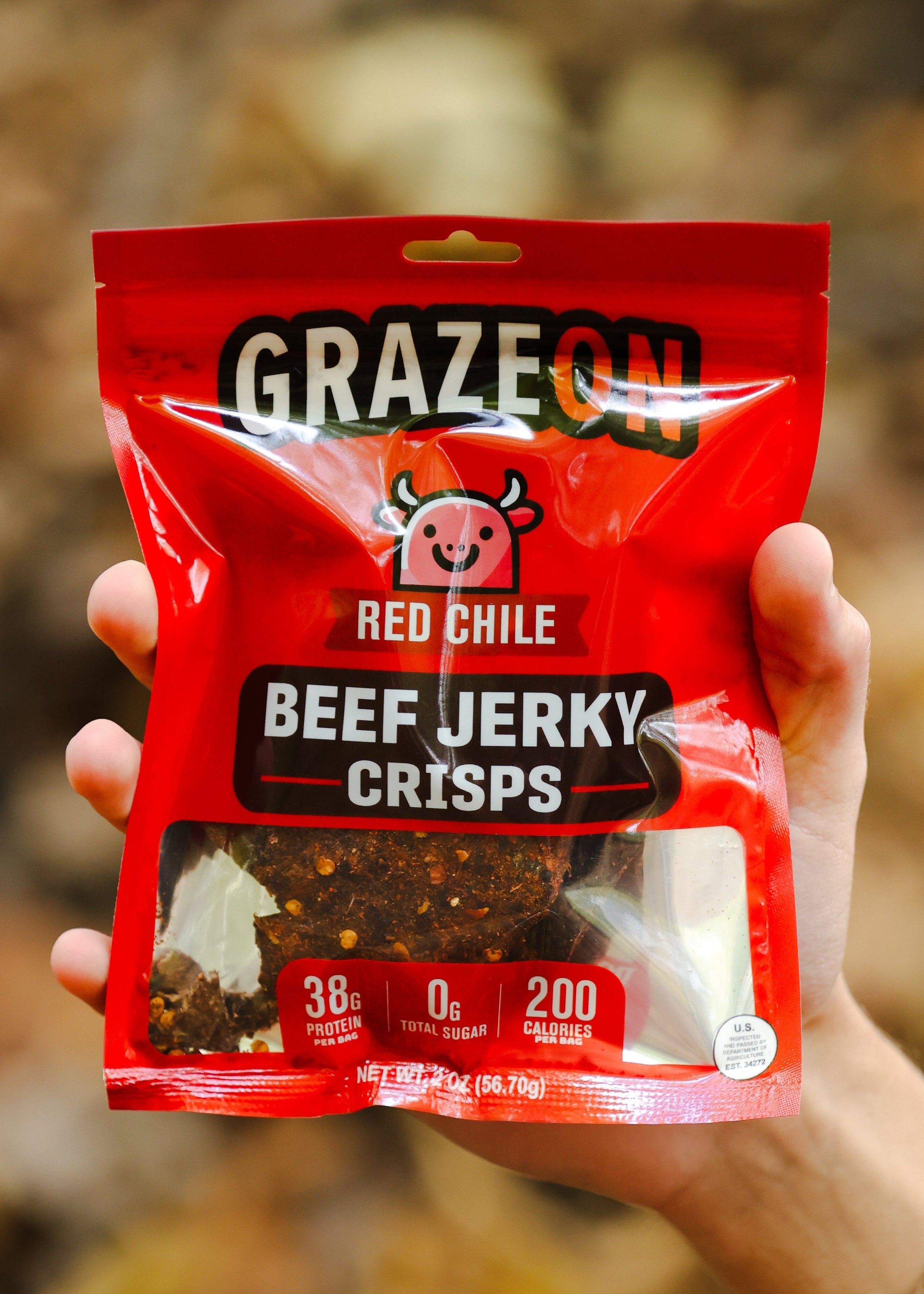 GrazeOn Red Chile Beef Jerky Crisps- High Protein, No Sugar, Crunchy Air-Dried Meat Snack - 2.0 oz